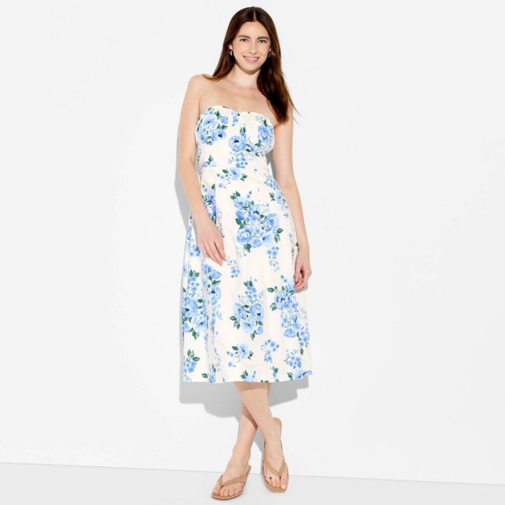 Women's Fit and Flare Strapless Midi A-Line Dress - Wild Fable White Floral XXS